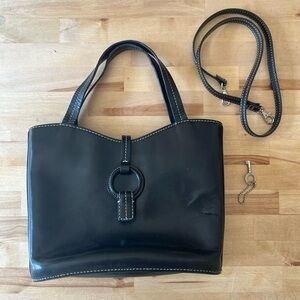 Fossil 1954 Vintage Black Leather Shoulder Bag with White Stitching